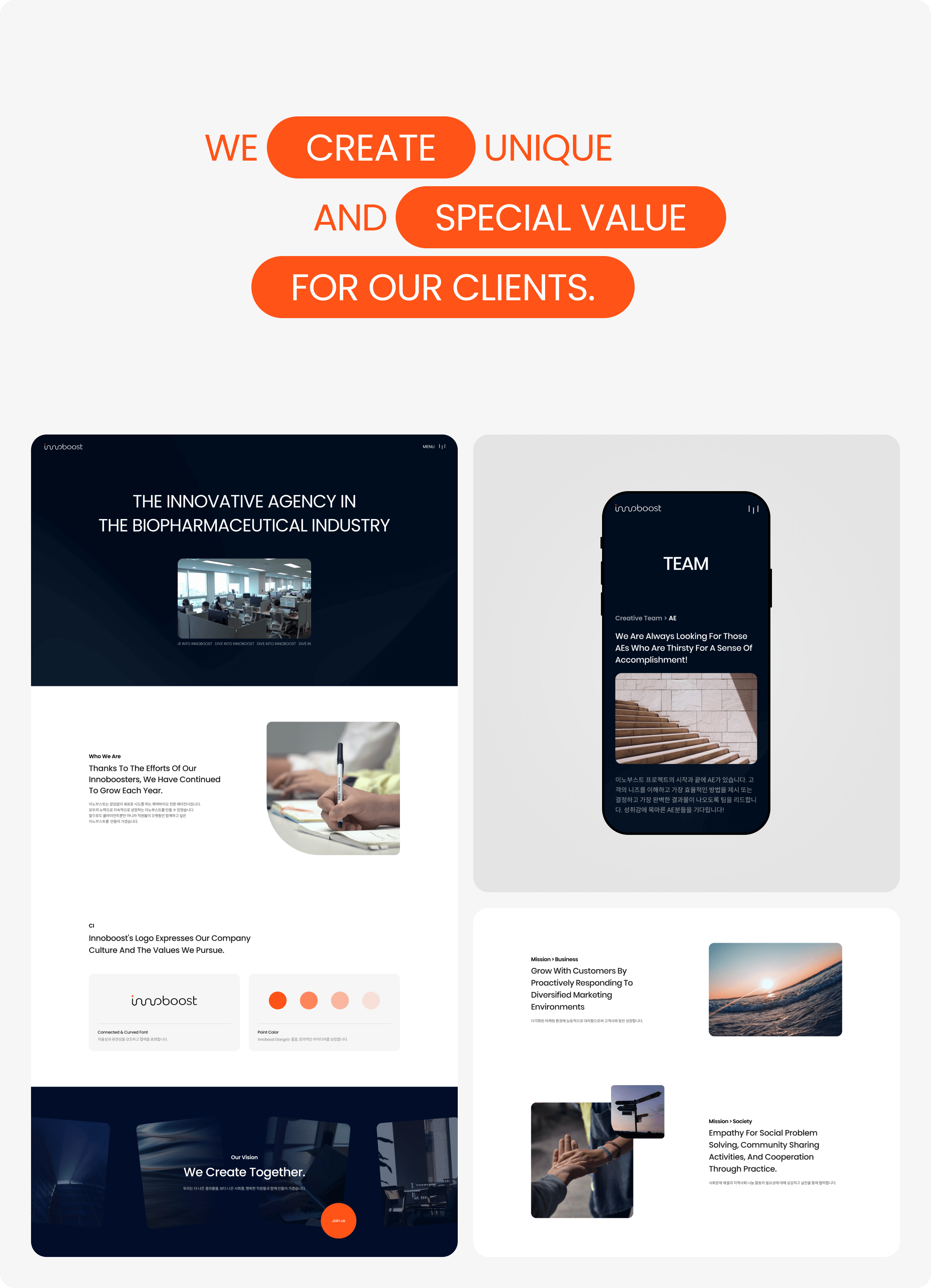 We've fashioned various distinct pages including ABOUT, a comprehensive company overview; TEAM, an introduction to our members; WORK, a breakdown of our portfolio; SOCIETY, a showcase of our internal culture and ESG management; and BENEFITS, detailing company perks. These are all intended to make the navigation of innoboost-related information much easier.