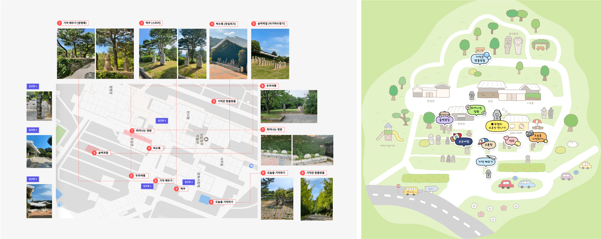 유적지의 실제 사진과 지도를 결합하여 관광지 위치와 정보를 시각화한 지도. 오른쪽에는 일러스트 스타일의 마을 지도가 있으며, 주요 명소가 귀여운 아이콘으로 표시됨.