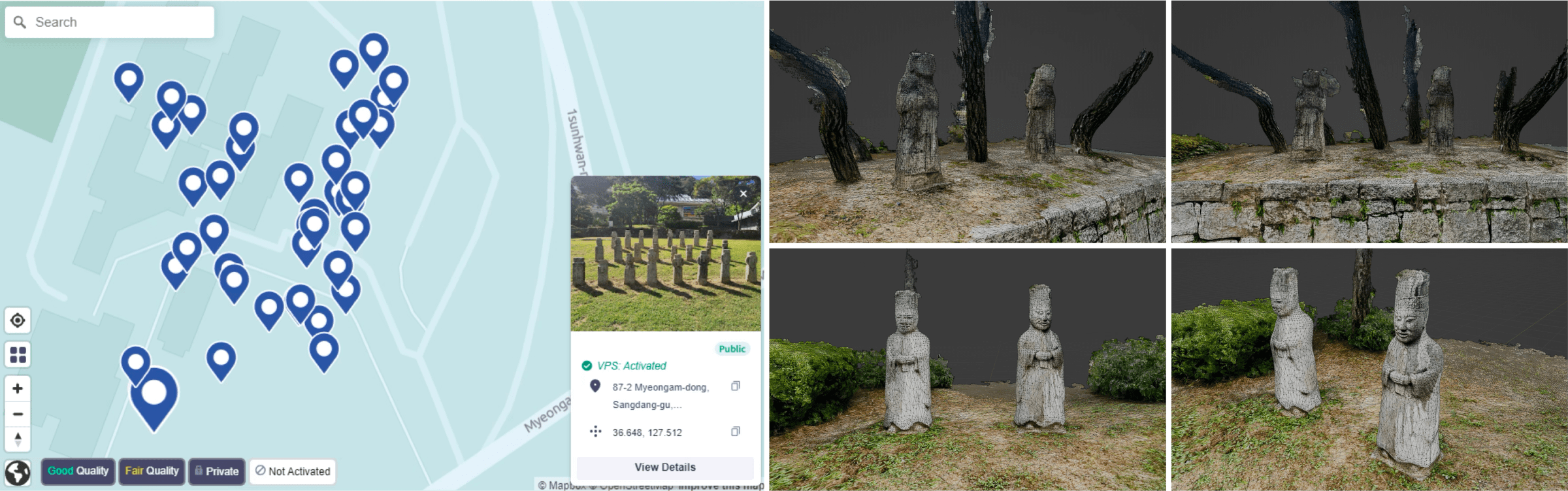 여러 위치를 나타내는 파란색 핀으로 표시된 지도와 특정 지점(명암동)의 사진 및 정보가 포함된 팝업 창.
다양한 각도에서 촬영된 석조물의 3D 모델 이미지. 상단에는 나무와 돌담 주변에 배치된 석조물들, 하단에는 석조물 두 개를 근접 촬영한 이미지가 포함됨